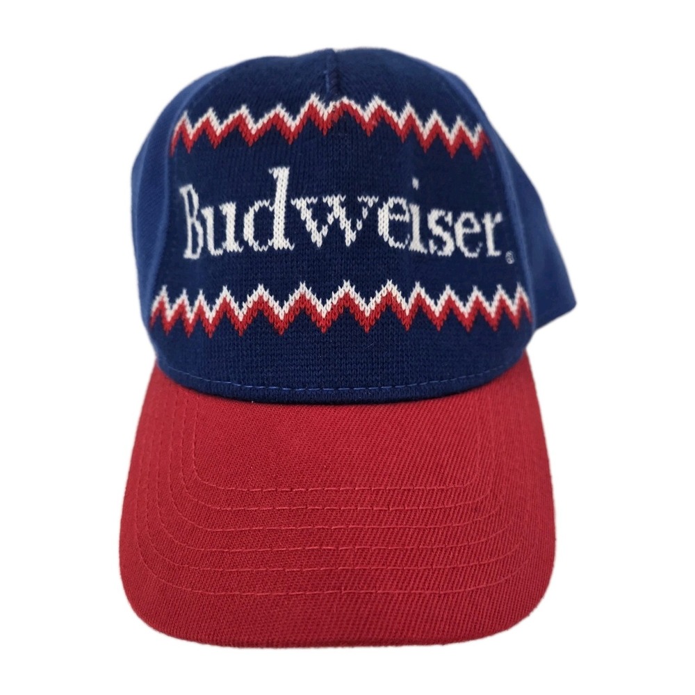 Budweiser Snapback Baseball Trucker Hat Cap Red White & Blue Knit Curved Brim